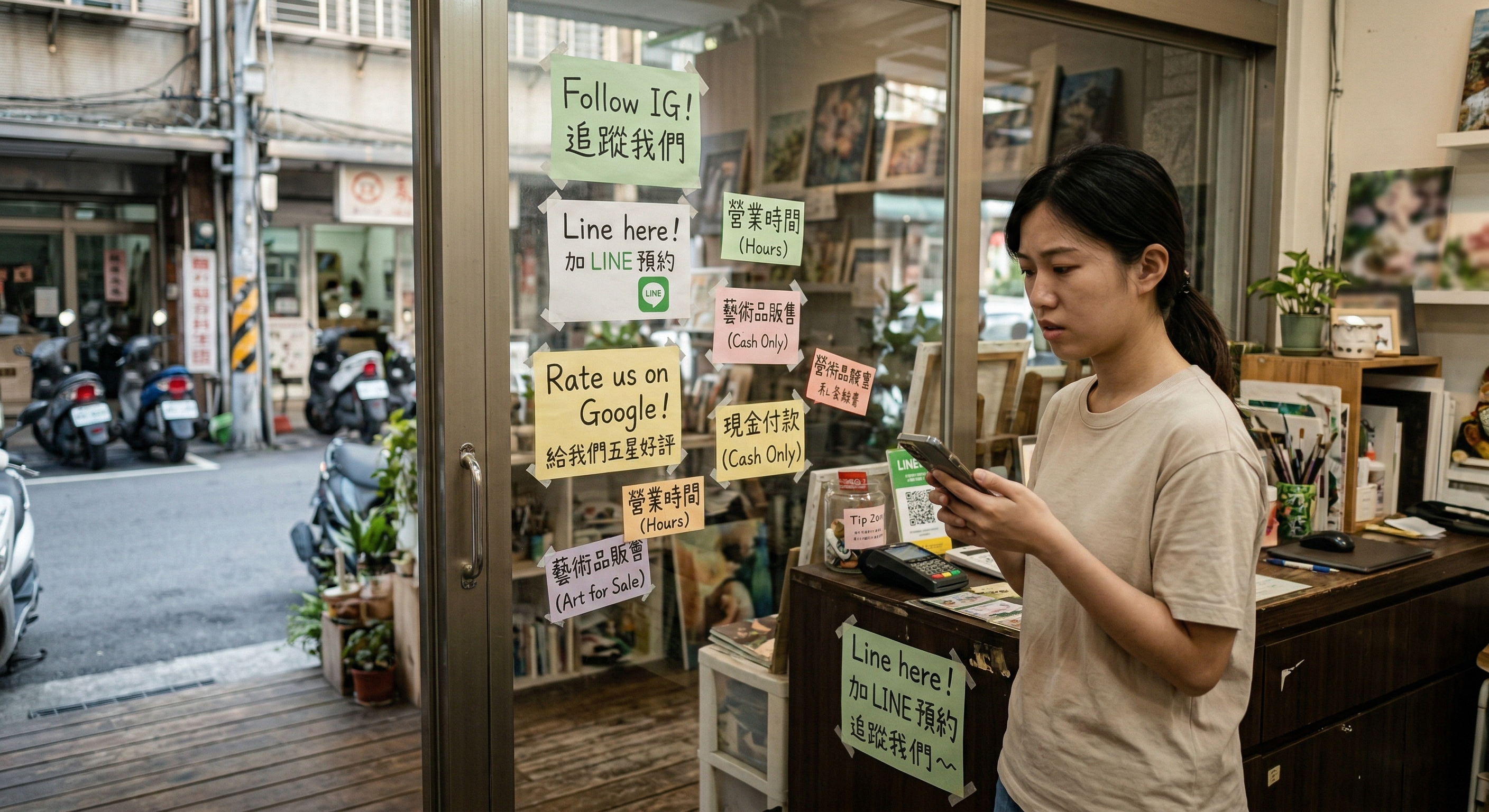店面入口分散、貼紙雜亂示意圖