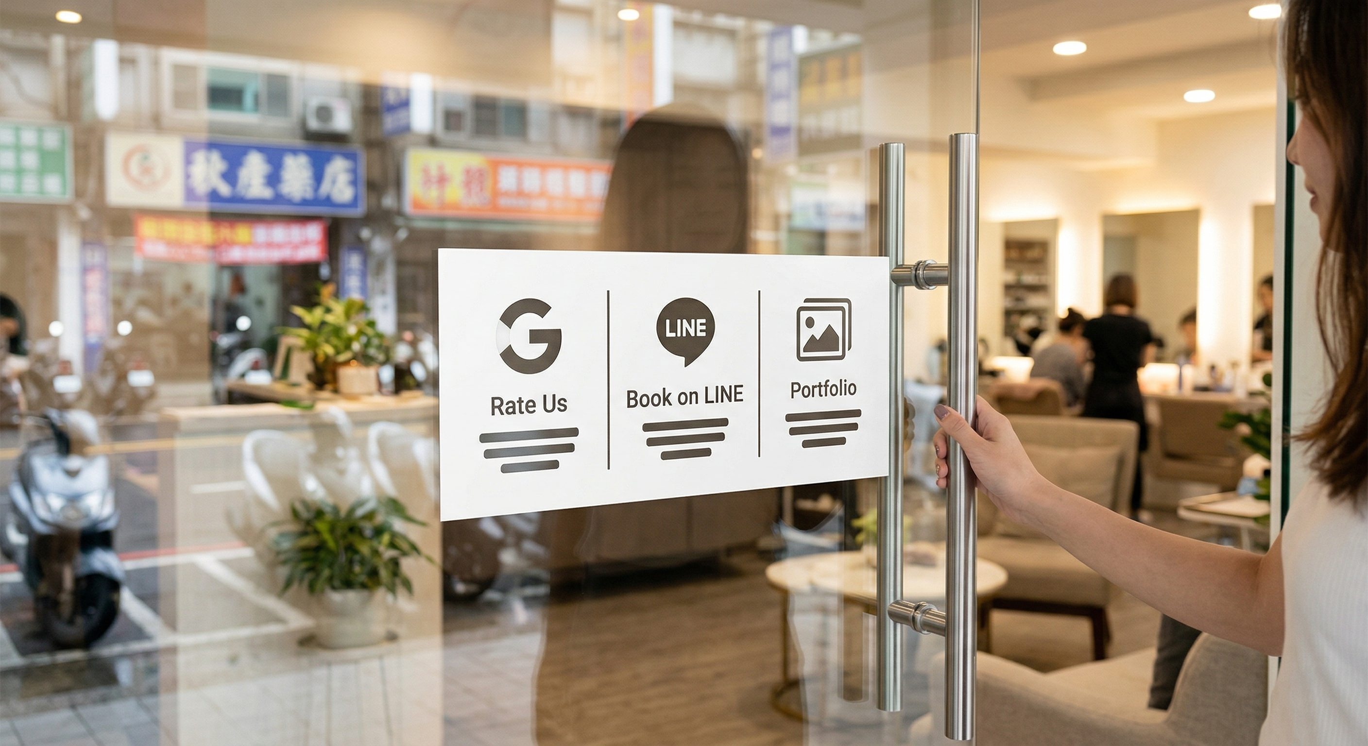 實體店面 Google 評價與 LINE 預約整合門口導流示意圖